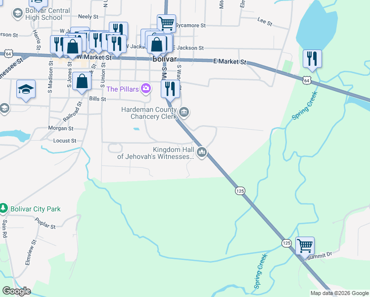map of restaurants, bars, coffee shops, grocery stores, and more near 107 Orange Street in Bolivar