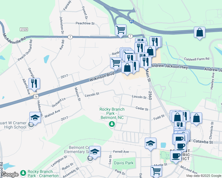 map of restaurants, bars, coffee shops, grocery stores, and more near 402 Lincoln Street in Belmont
