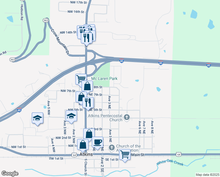 map of restaurants, bars, coffee shops, grocery stores, and more near 402 Avenue 3 Northeast in Atkins