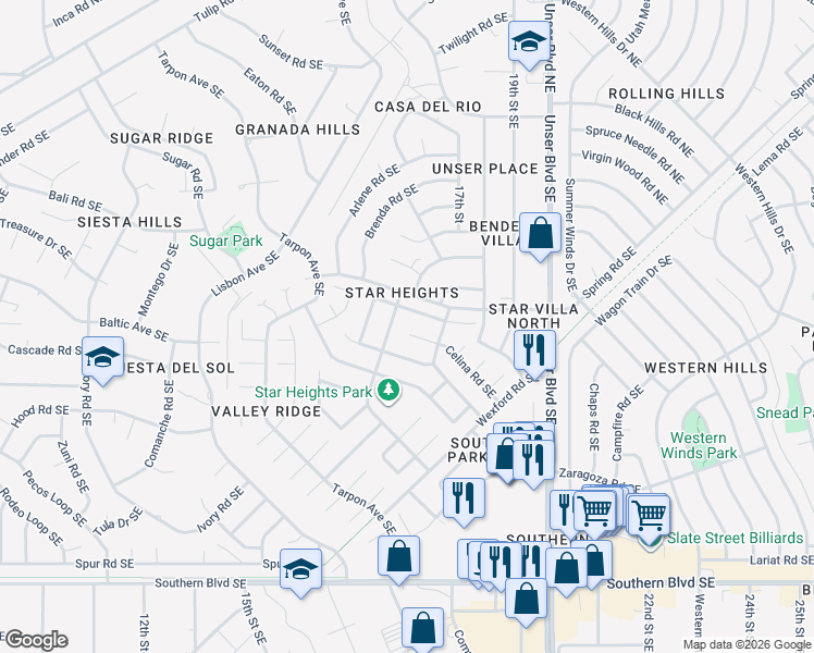map of restaurants, bars, coffee shops, grocery stores, and more near 1705 Celina Road Southeast in Rio Rancho