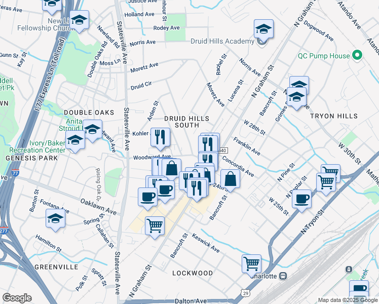 map of restaurants, bars, coffee shops, grocery stores, and more near 2001 Edison Street in Charlotte
