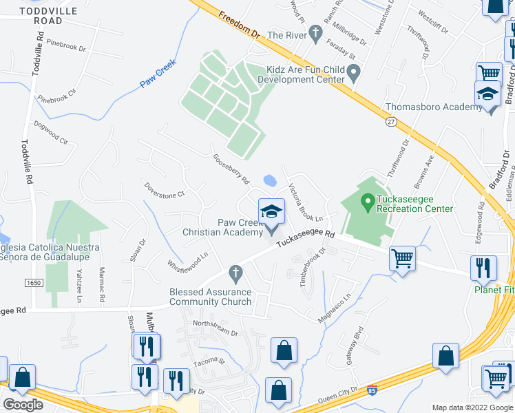 map of restaurants, bars, coffee shops, grocery stores, and more near Blackberry Ridge Lane in Charlotte