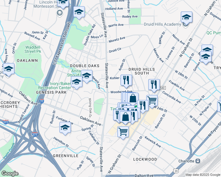map of restaurants, bars, coffee shops, grocery stores, and more near 2014 Statesville Avenue in Charlotte