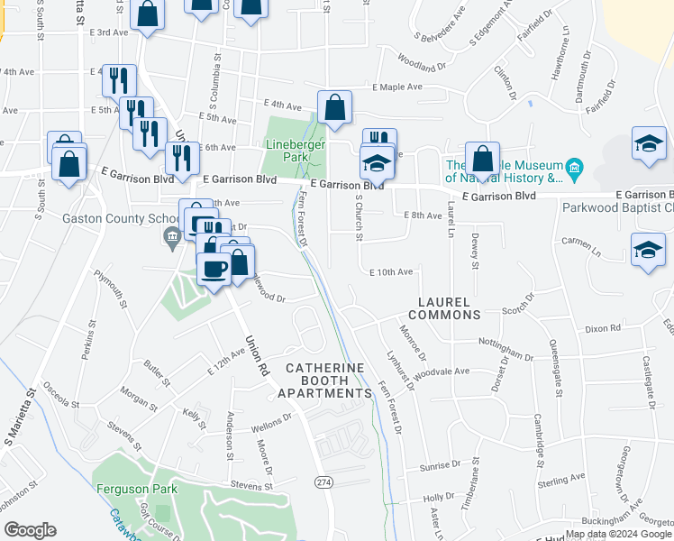 map of restaurants, bars, coffee shops, grocery stores, and more near 1010 South Chestnut Street in Gastonia