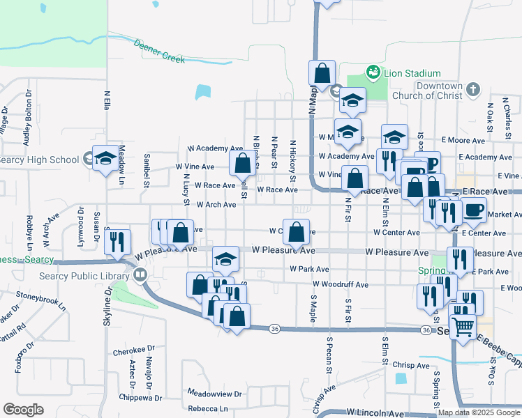 map of restaurants, bars, coffee shops, grocery stores, and more near 1007 West Arch Avenue in Searcy