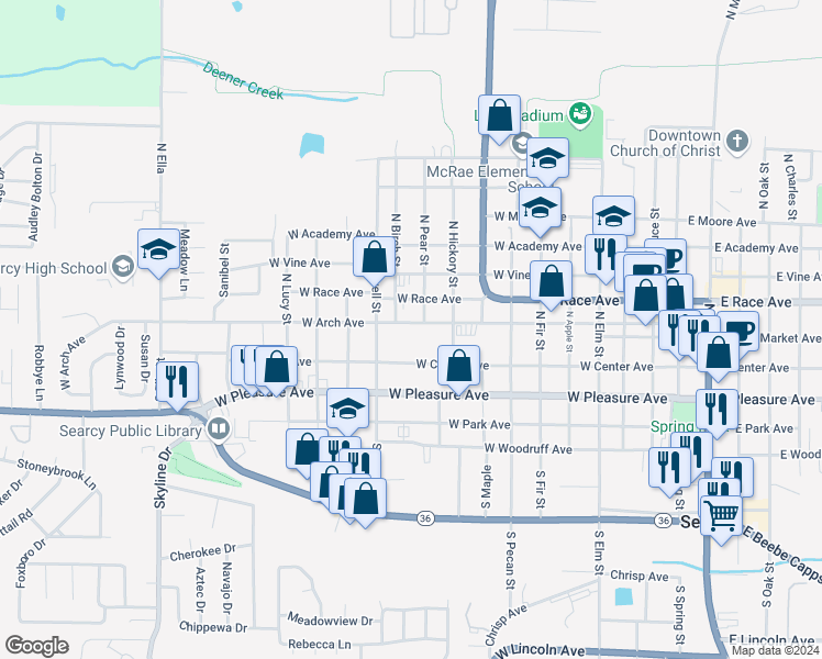 map of restaurants, bars, coffee shops, grocery stores, and more near 1005 West Arch Avenue in Searcy