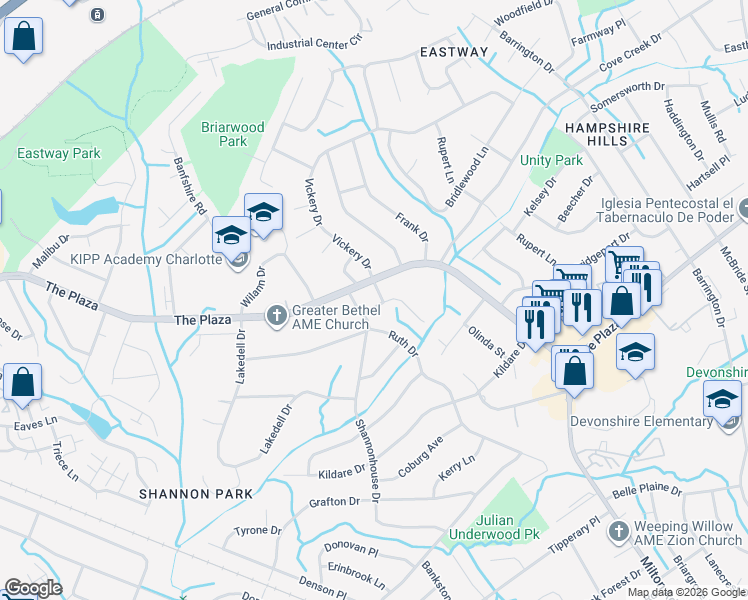 map of restaurants, bars, coffee shops, grocery stores, and more near 5400 The Plaza in Charlotte