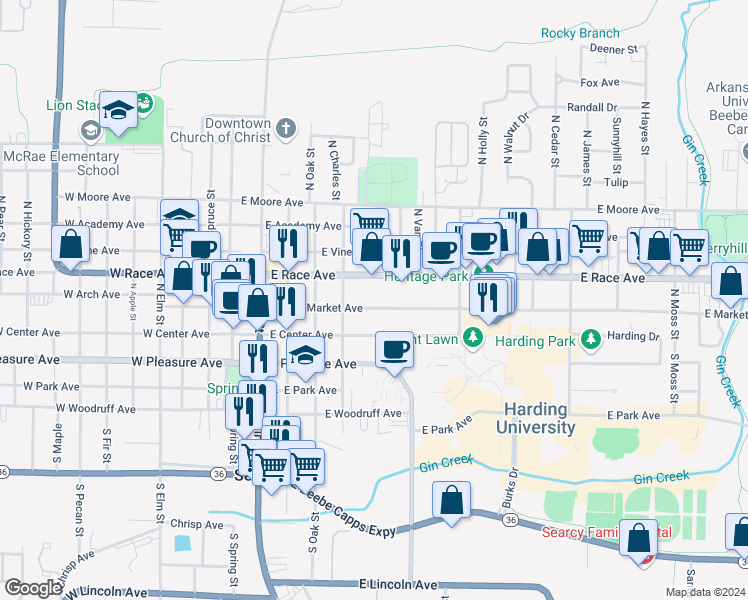 map of restaurants, bars, coffee shops, grocery stores, and more near 608 East Market Avenue in Searcy