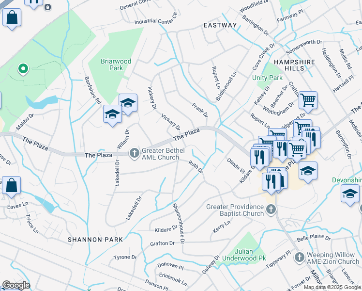 map of restaurants, bars, coffee shops, grocery stores, and more near 5400 The Plaza in Charlotte