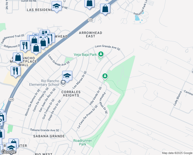 map of restaurants, bars, coffee shops, grocery stores, and more near 4711 Palmas Altas Drive Southeast in Rio Rancho