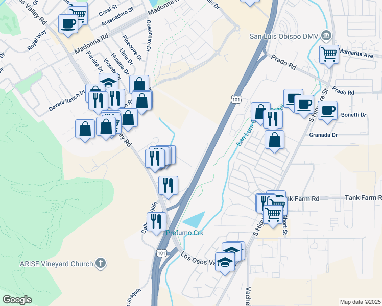 map of restaurants, bars, coffee shops, grocery stores, and more near 1381 Calle Joaquin in San Luis Obispo