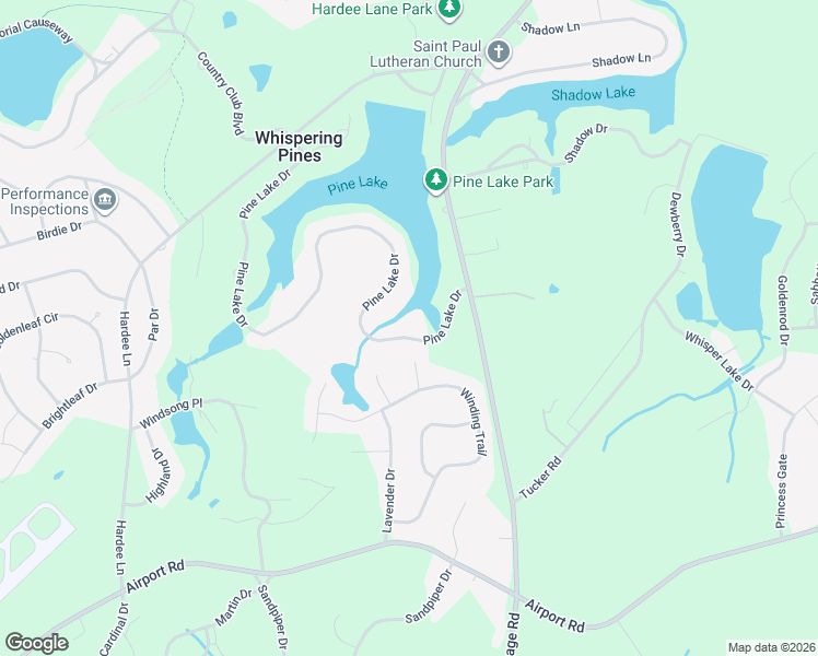 map of restaurants, bars, coffee shops, grocery stores, and more near 20 Pine Lake Dr in Whispering Pines