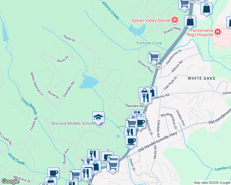 map of restaurants, bars, coffee shops, grocery stores, and more near 47 Deer Run in Brevard