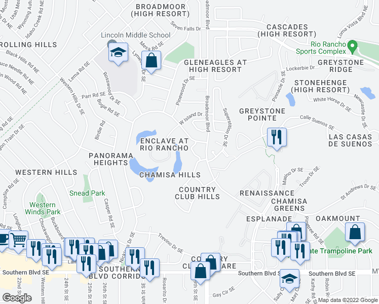 map of restaurants, bars, coffee shops, grocery stores, and more near 429 Lakeview Way Southeast in Rio Rancho