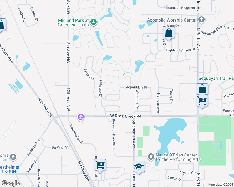 map of restaurants, bars, coffee shops, grocery stores, and more near 2600 Ga Zump Drive in Norman