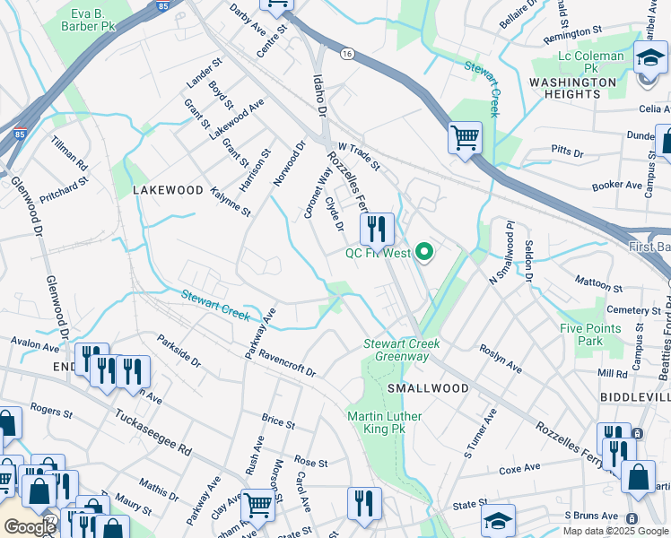 map of restaurants, bars, coffee shops, grocery stores, and more near 2812 Coronet Way in Charlotte