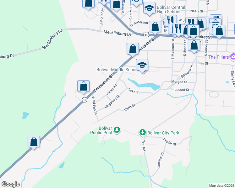 map of restaurants, bars, coffee shops, grocery stores, and more near 532 Ridgeway Drive in Bolivar