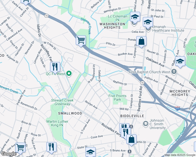 map of restaurants, bars, coffee shops, grocery stores, and more near 515 Seldon Drive in Charlotte