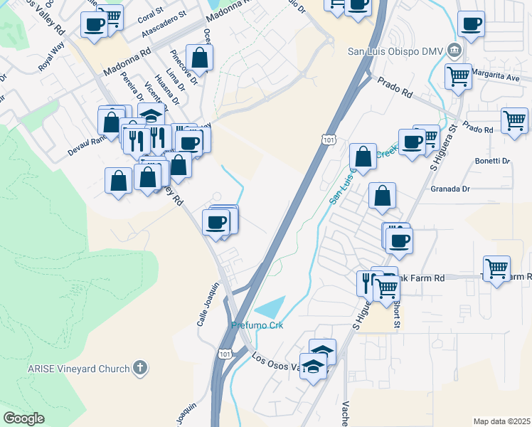 map of restaurants, bars, coffee shops, grocery stores, and more near 1381 Calle Joaquin in San Luis Obispo