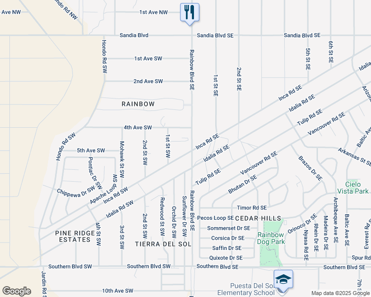 map of restaurants, bars, coffee shops, grocery stores, and more near 15 Inca Road Southwest in Rio Rancho