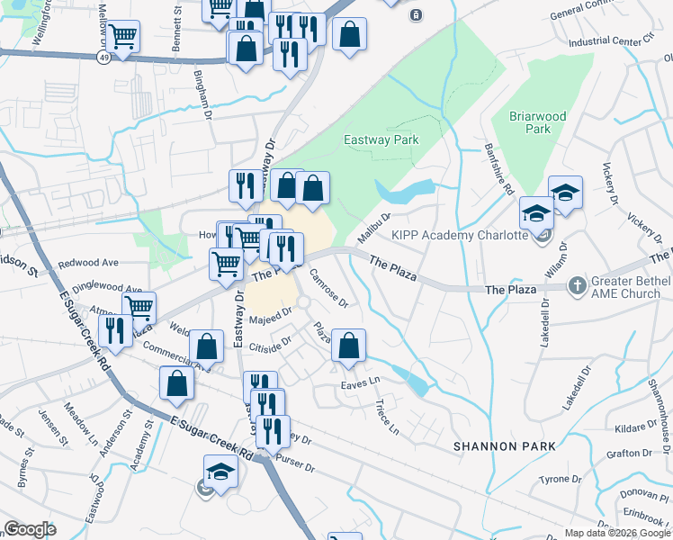 map of restaurants, bars, coffee shops, grocery stores, and more near 520 Blendwood Drive in Charlotte