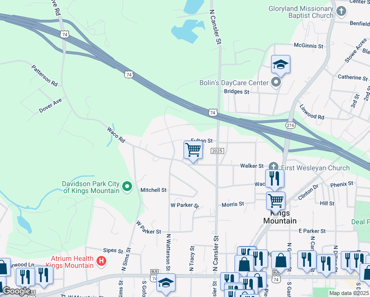 map of restaurants, bars, coffee shops, grocery stores, and more near 607 Mica Street in Kings Mountain