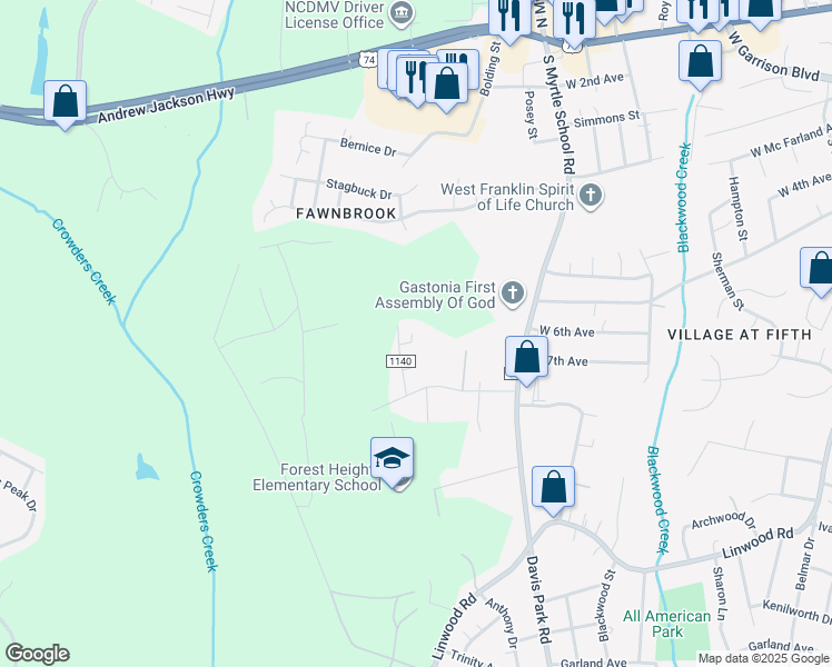 map of restaurants, bars, coffee shops, grocery stores, and more near 809 Marve Street in Gastonia
