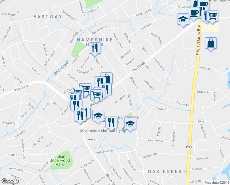 map of restaurants, bars, coffee shops, grocery stores, and more near 6410 The Plaza in Charlotte