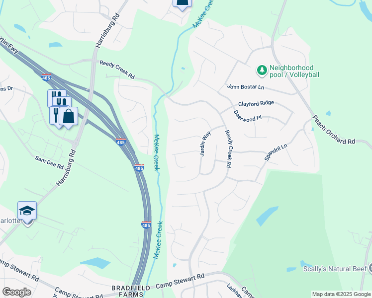 map of restaurants, bars, coffee shops, grocery stores, and more near 7300 Scarlet Runner Drive in Charlotte