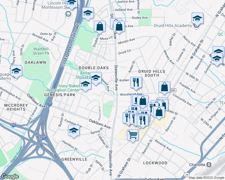 map of restaurants, bars, coffee shops, grocery stores, and more near 2103 Statesville Avenue in Charlotte