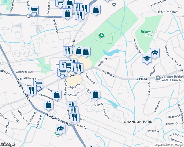 map of restaurants, bars, coffee shops, grocery stores, and more near 520 Blendwood Drive in Charlotte