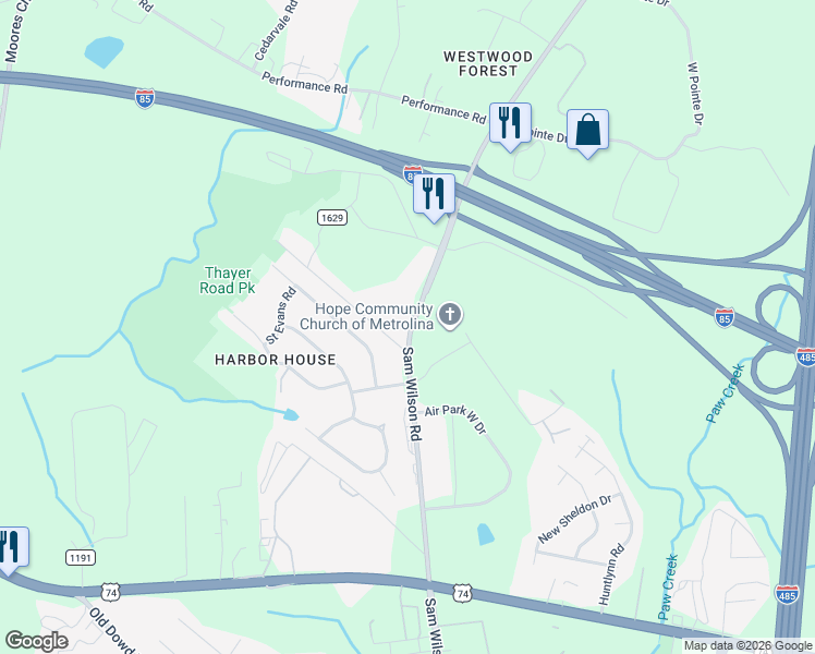 map of restaurants, bars, coffee shops, grocery stores, and more near 3216 Sam Wilson Road in Charlotte