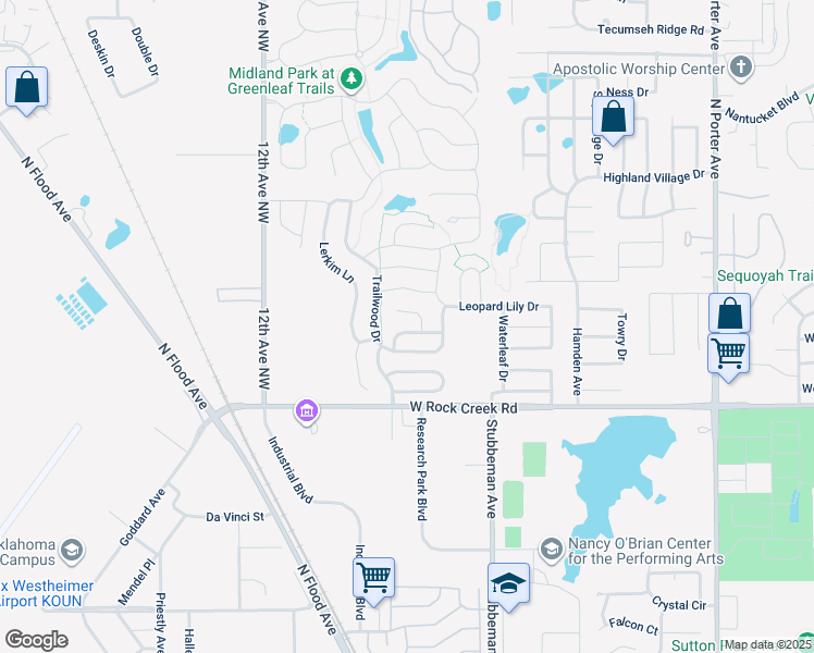 map of restaurants, bars, coffee shops, grocery stores, and more near 813 Tufts Lane in Norman