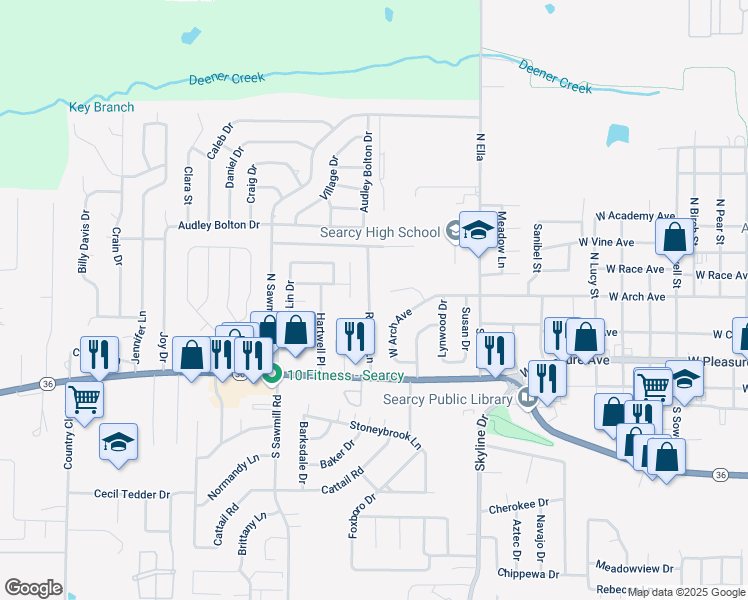 map of restaurants, bars, coffee shops, grocery stores, and more near 26 Robbye Lane in Searcy