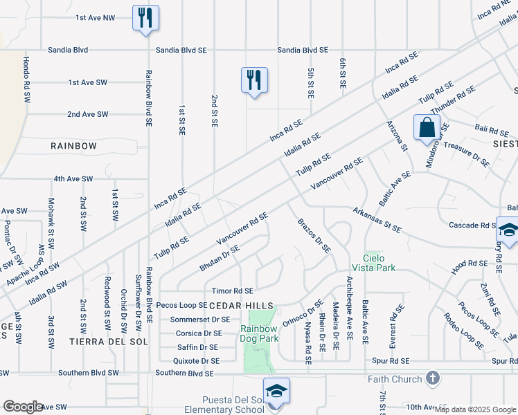 map of restaurants, bars, coffee shops, grocery stores, and more near 521 Vancouver Road Southeast in Rio Rancho