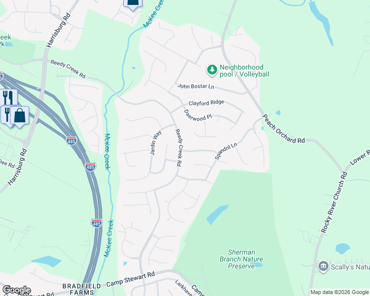 map of restaurants, bars, coffee shops, grocery stores, and more near 11017 Scrimshaw Lane in Charlotte