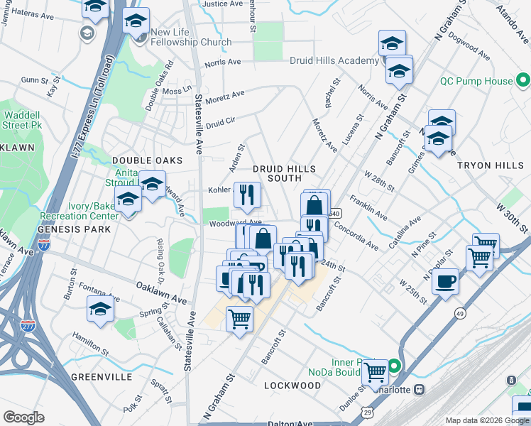 map of restaurants, bars, coffee shops, grocery stores, and more near in Charlotte