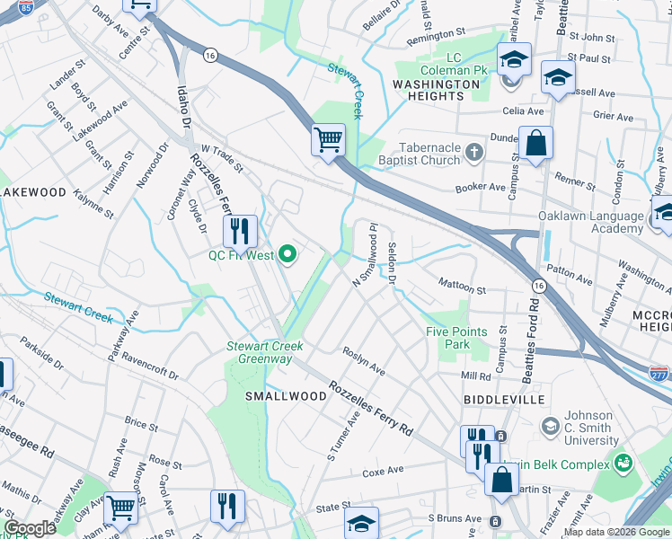 map of restaurants, bars, coffee shops, grocery stores, and more near 2645 Roslyn Avenue in Charlotte
