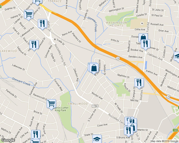 map of restaurants, bars, coffee shops, grocery stores, and more near 2645 Roslyn Avenue in Charlotte