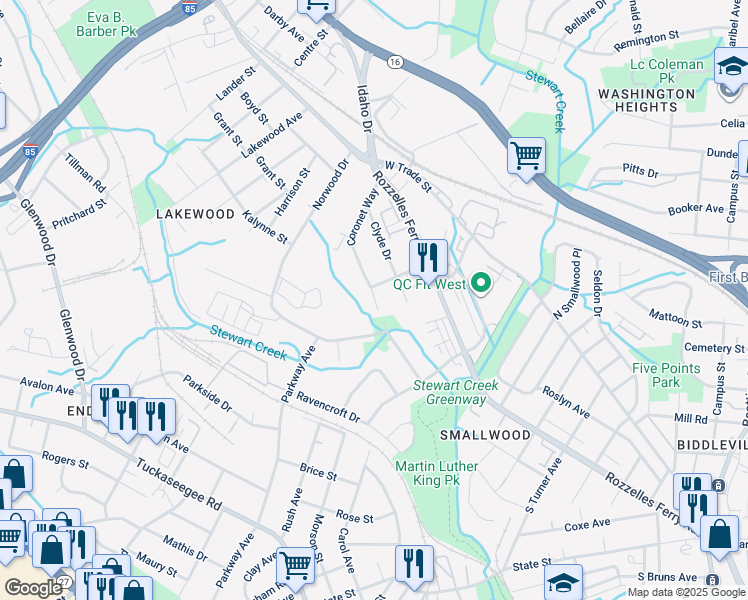 map of restaurants, bars, coffee shops, grocery stores, and more near 2812 Coronet Way in Charlotte
