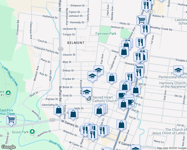 map of restaurants, bars, coffee shops, grocery stores, and more near 201 Jacobs Drive in Lawrenceburg