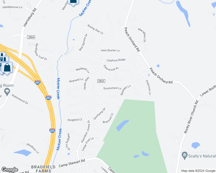 map of restaurants, bars, coffee shops, grocery stores, and more near 11017 Scrimshaw Lane in Charlotte