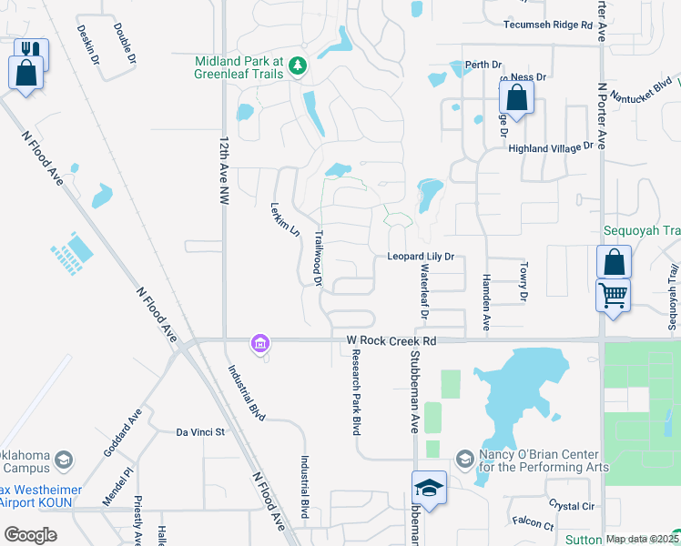 map of restaurants, bars, coffee shops, grocery stores, and more near 813 Tufts Lane in Norman