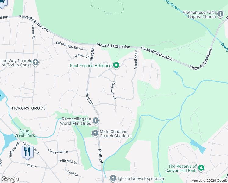map of restaurants, bars, coffee shops, grocery stores, and more near 8108 Cadmium Ct in Charlotte
