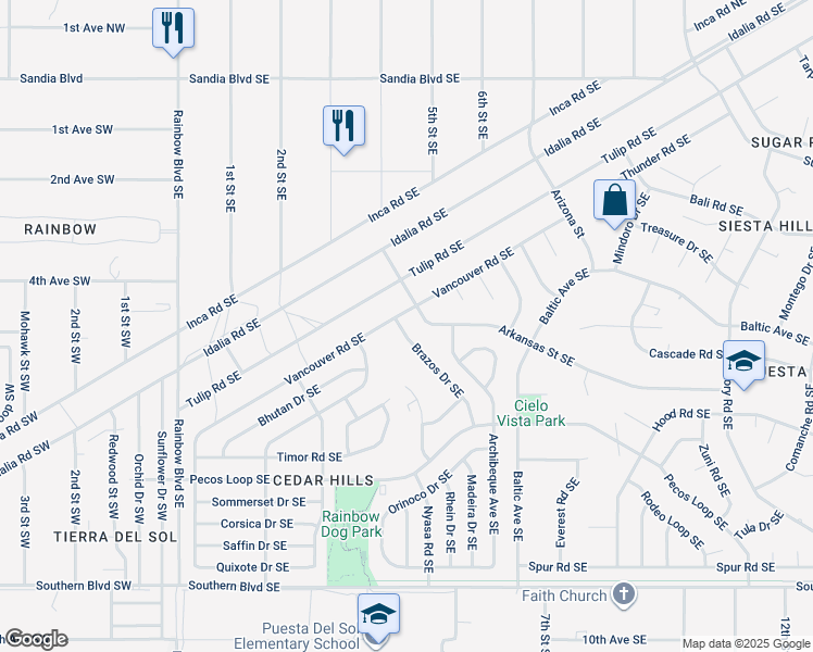 map of restaurants, bars, coffee shops, grocery stores, and more near 519 Brazos Drive Southeast in Rio Rancho