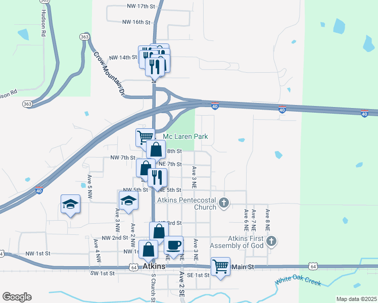 map of restaurants, bars, coffee shops, grocery stores, and more near 402 Avenue 3 Northeast in Atkins