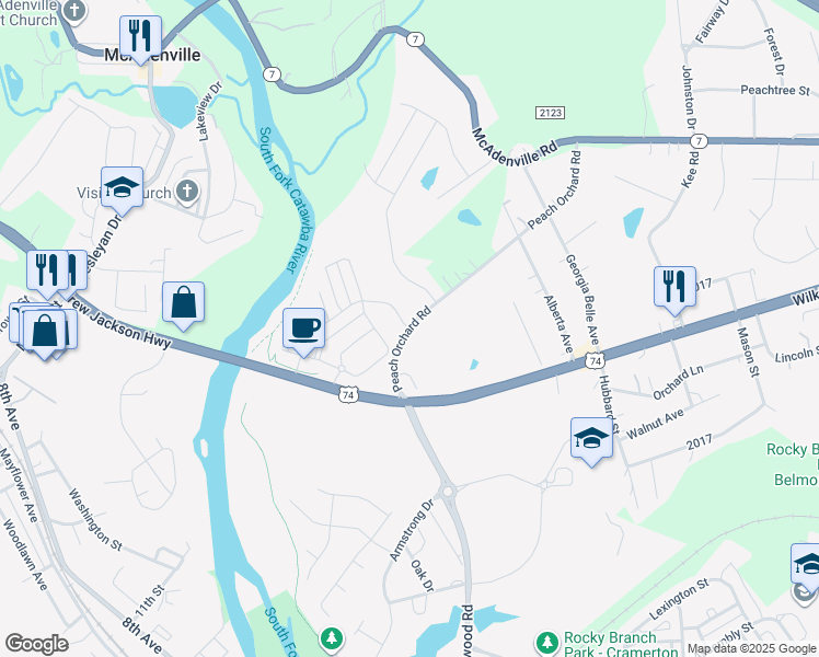 map of restaurants, bars, coffee shops, grocery stores, and more near 366 Peach Orchard Road in Belmont
