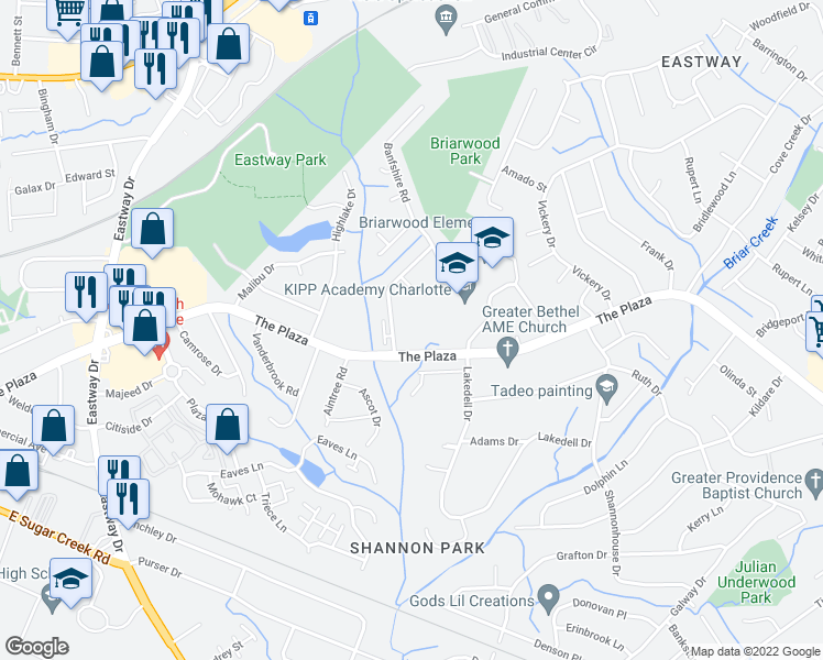 map of restaurants, bars, coffee shops, grocery stores, and more near 1125 Glenfiddich Drive in Charlotte