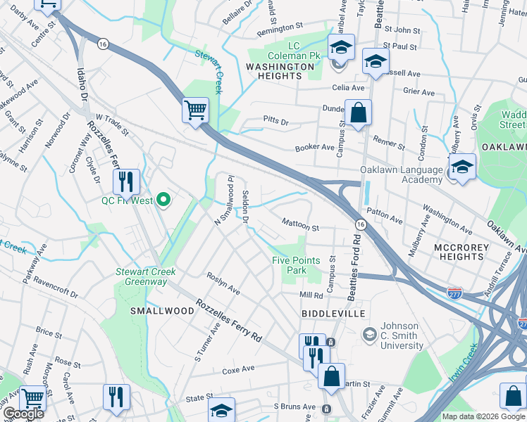 map of restaurants, bars, coffee shops, grocery stores, and more near 200 Mattoon Street in Charlotte