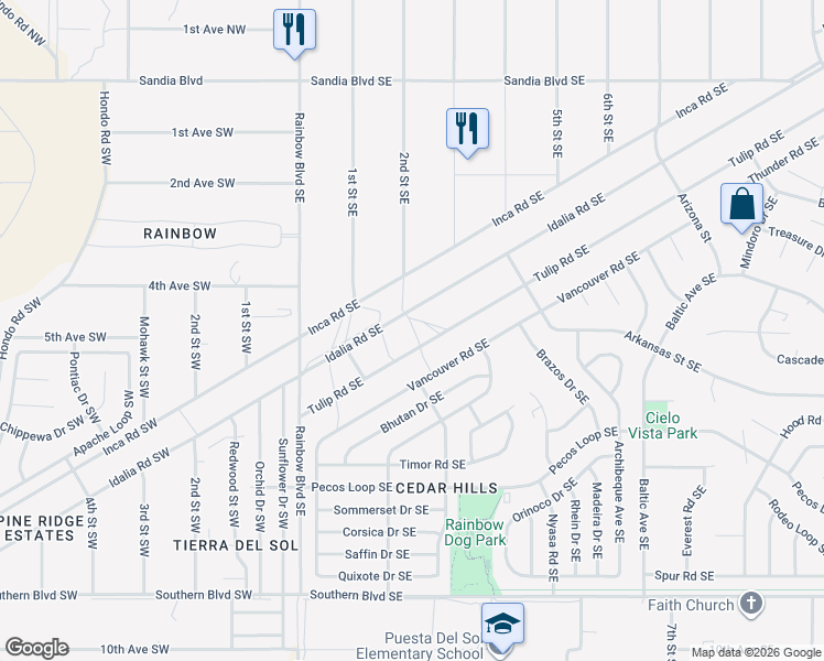 map of restaurants, bars, coffee shops, grocery stores, and more near 571 Vancouver Road Southeast in Rio Rancho